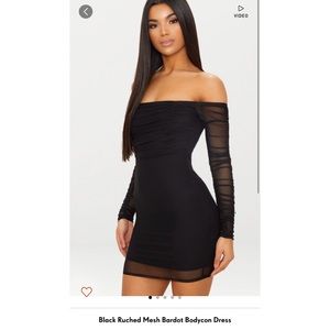 BLACK RUCHED MESH BARDOT BODYCON DRESS